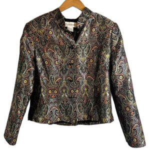 dressbarn Metallic Paisley Cropped Blazer in Black, Gold, Green, Red